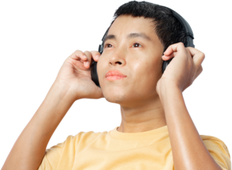 Young man listening music with headphones.
