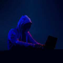 Hacker in dark. Hooded figure on computer. Cyber security person. Black hat hacking. Neon light theme. Vector illustration.