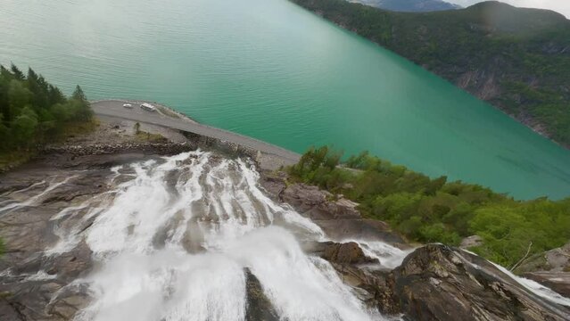 Norway FPV Waterfall Furebergfossen dramatic shot