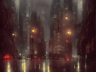 Night Gotham in the rain. Oil paints, illustration.