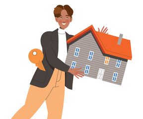 Happy Man Character Buying Real Estate and Residential House Vector Illustration