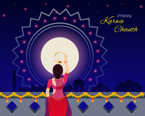 Happy Karwa Chauth festival banner. Woman looking at moon after full day fast.
