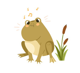Cute funny frog croaking, singing. Amusing happy froggy, amphibian with music sounds, tune. Adorable comic kawaii toad character. Childish flat vector illustration isolated on white background