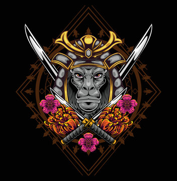 vector illustration of monkey wearing samurai helmet