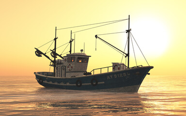 Obraz premium Fischkutter im offenen Meer bei Sonnenuntergang