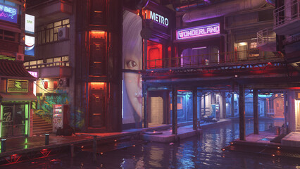 Futuristic dystopian cyberpunk city urban area with downtown buildings around a canal at night. 3D rendering.