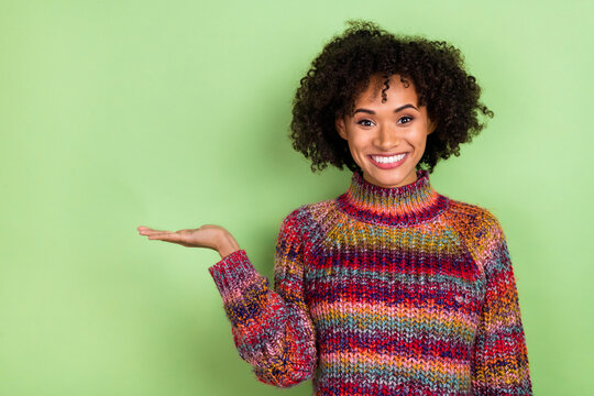 Photo of cute millennial valume hairdo lady hold empty space wear colorful pullover isolated on green color background