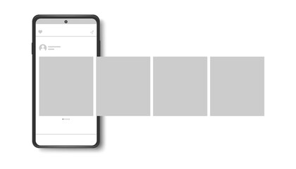 Carousel interface post on social network. Mock up of smartphone. Mobile application on the screen of realistic phone. Vector illustration on white background.