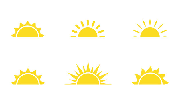 Set of sun flat cartoon icon. Elements for logo of sunrise, sunset. Graphic symbol different shapes, half sun with rays for design app weather. Isolated on white vector illustration eps 10
