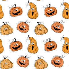 Seamless pattern with emotions halloween pumpkins on white background. Сute hand drawn orange pumpkins. Funny faces for scrapbook digital paper, textile print, page fill