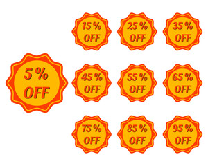 Discount tag icon set. Discount label isolated on white background. Sale sticker in retro color palette. Sale banner with different price cut percent. Red sale tag in retro design. Vector illustration
