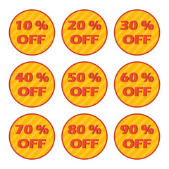 Discount tag icon set. Discount label isolated on white background. Sale sticker in retro color palette. Sale banner with different price cut percent. Vintage red sale tag. Vector illustration