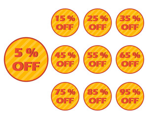 Discount tag icon set. Discount label isolated on white background. Sale sticker in retro color palette. Sale banner with different price cut percent. Vintage red sale tag. Vector illustration