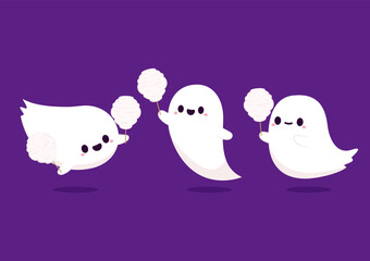 Cute ghost and Cotton candy vector. Happy halloween party greeting card with cute ghost. Trick or treat. Halloween funny cartoon. 