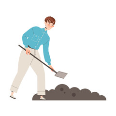 Young Man with Shovel Digging Soil or Ground in the Garden or Yard Vector Illustration