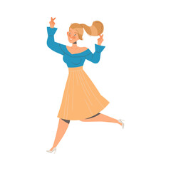 Excited Woman Jumping with Joy Feeling Happiness Cheering About Something Vector Illustration
