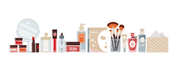 Makeup,skincare cosmetics in flat style on white background.Vector illustration