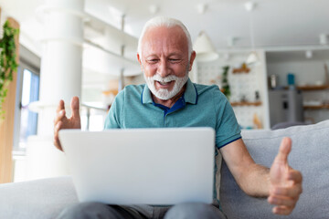 Elderly man seated on couch looking at laptop screen scream with joy feels excited happy celebrating lottery victory, lucky moment, got online opportunity, sales and discounts e-commerce concept