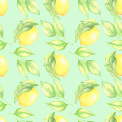 Watercolor seamless pattern with lemons and leaves isolated on light green background.Use for textile,fabrics.