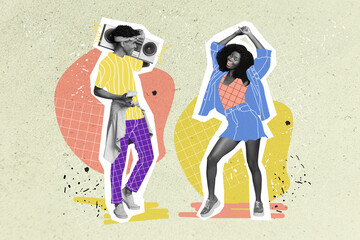 Collage photo of young couple together hold recorder music dancer hipster stylish painted clothes outfit summer chill isolated on drawing background