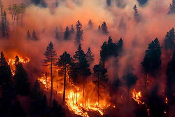 Forest fire, many acres of pine trees burn down during the dry season.  Wildfire burns in the forest.The concept of global cataclysms on earth. 