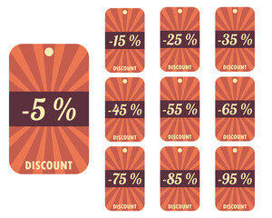 Discount tag icon set. Discount label isolated on white background. Sale sticker in retro color palette. Sale banner on sunburst background. Vintage sale tag with retro sun. Vector illustration