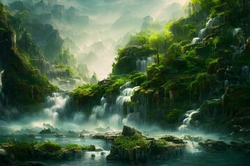Naklejka na ściany i meble An amazing fantasy forest with towering waterfalls. 