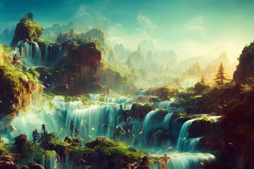 Fototapeta na wymiar An amazing fantasy forest with towering waterfalls. 