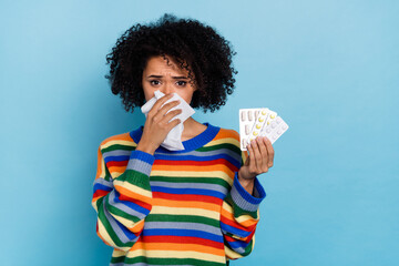 Photo of sick wavy hairdo lady hold pills wear sweater isolated on blue color background