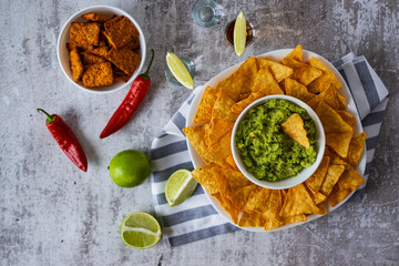 Mexican snacks nachos and guacamole 