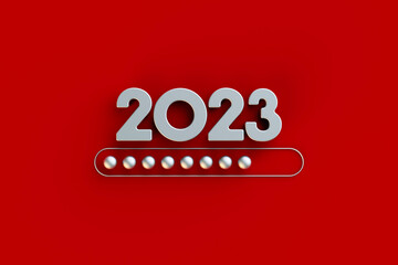 New Year 2023 numbers with loading new year 2022 to 2023 on red background.Loading bar almost complete with idea being processed,start straight concept.3d rendering