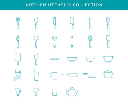 Kitchen cooking utensils outline icon set collection minimalist