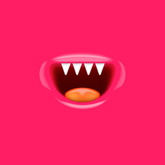 Vector Cartoon vampire mouth with fangs isolated on pink background. Funny and cute pink Halloween Monster mouth with teeth and tongue