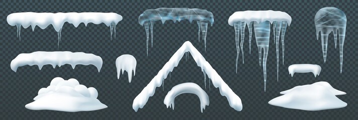 Snow elements. Snow capes piles icicles snowdrift mound bursting Snowball and snowdrifts, icicles and snow caps. Isolated winter set. Snowball effect illustration, ice snow globe