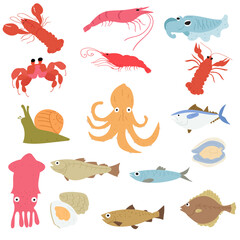 Naklejka premium Seafoods. Hand drawn flat icons. Vector illustrations on white background.