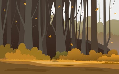 Cartoon illustration background of colorful forest in autumn backdrop, wallpaper. landscape with maples orange foliage trees and leaves falling. illustration.