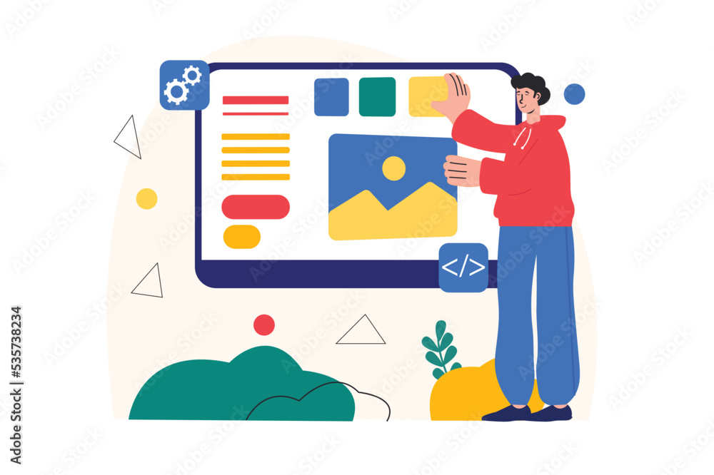 Poster web design concept with people scene in the flat cartoon style. designer composes the content of the