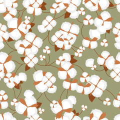 cotton. plant. vector seamless background. white flowers. raw plant.