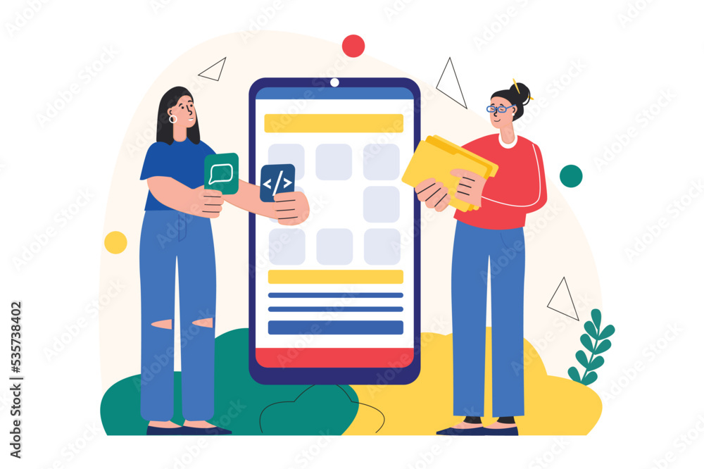 Poster concept app development with people scene in the flat cartoon design. two workers check all customer