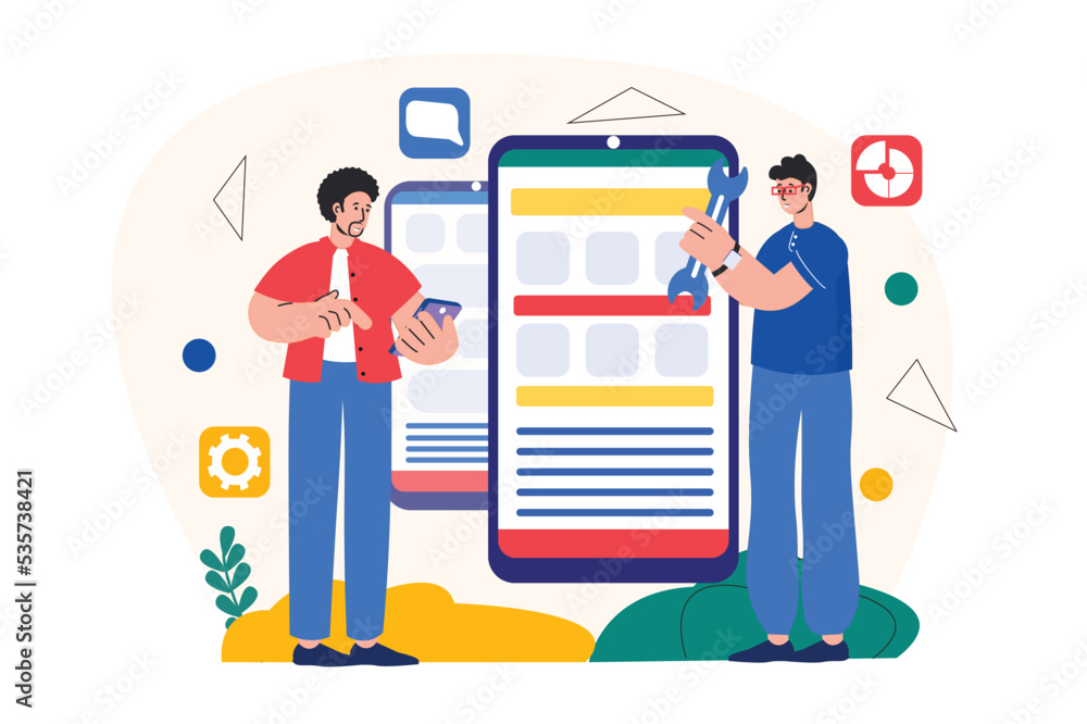 Poster app development concept with people scene in the flat cartoon style. two programmer work with site s