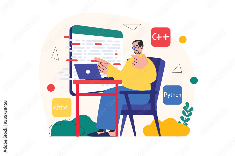 Poster programmer working concept with people scene in the flat cartoon design. programmer analyzes the cod