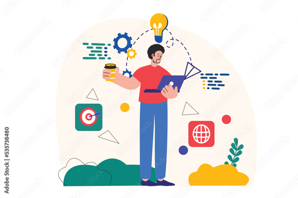 Poster programmer working concept with people scene in the flat cartoon design. programmer with a cup of co