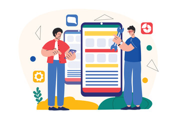 App development concept with people scene in the flat cartoon style. Two programmer work with site settings over the phone. Vector illustration.