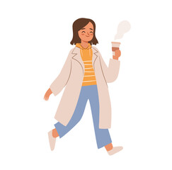 Happy autumn girl walking with coffee.Flat vector character illustration