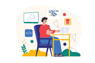 Programmer working concept with people scene in the flat cartoon style. Man writes a code to one of the programs using a programming language. Vector illustration.