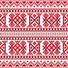 Sami folk art vector seamless pattern, retro design styled as traditional cross-stitch ornament from Lapland in red
