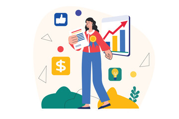 Business award concept with people scene in the flat cartoon design. Manager follows the rapid growth of profits of the business company. Vector illustration.