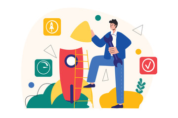 Concept Business startup with people scene in the flat cartoon design. Man puts the finishing touches on the project before it start. Vector illustration.