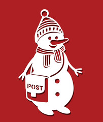 Snowman with bag. Christmas cutting card. Vector illustration