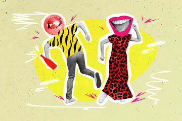 Creative photo 3d collage poster postcard artwork of two weird person celebrate weekend animal print outfit isolated on drawing background